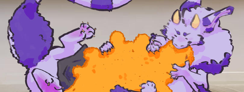 Dino Nuggy This image depicts a long, furry purple creature with four arms chomping down on a vastly oversized dino nugget. The background, while slightly cut out of frame, is a microwave. If this image is clicked on, it will take you to this character's Unvale page