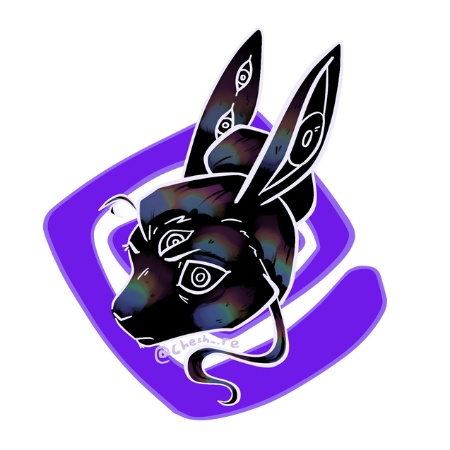 This image depicts a pure black, iridescent hare man's head. He's got way too many eyes, and is depicted in a cute and compact artstyle. He's overlaid on top of a purple squared spiral background.